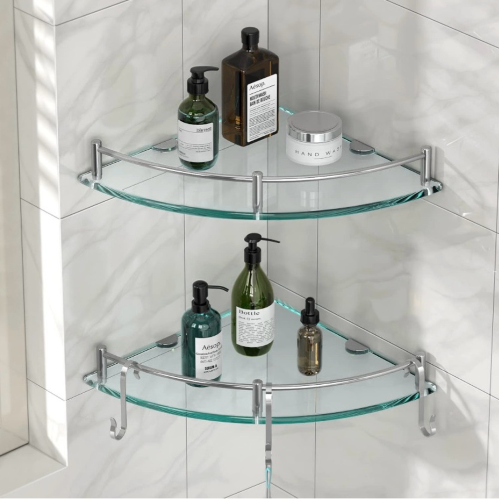 Glass Shower Corner Shelf with Silver Brackets - Picture 1 of 1
